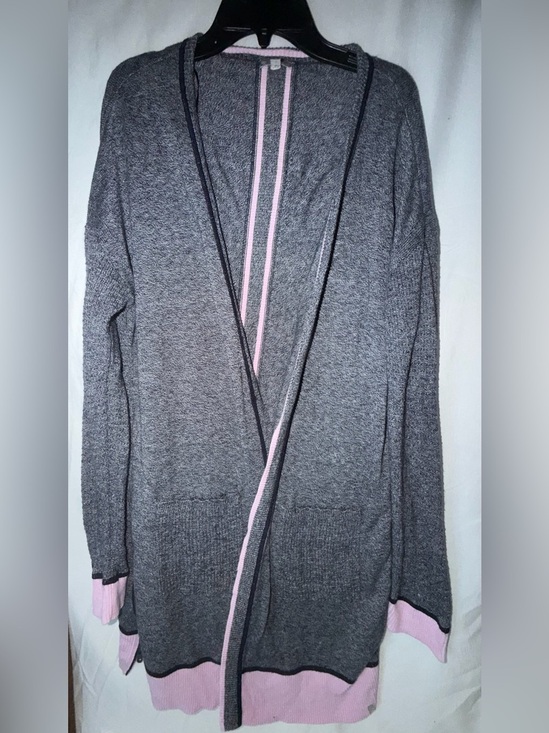 Jackets & Blazers - T by Talbots Open Front Long Cardigan Marled Gray Pink Stripe Trim Size M